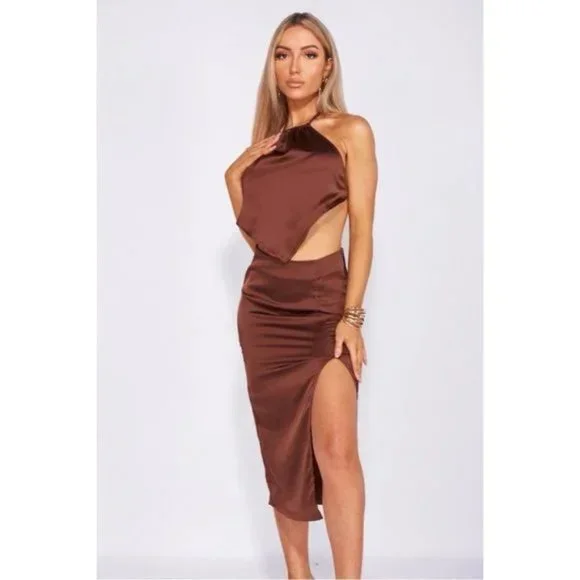 Brown Satin Halter Neck Backless Handkerchief Top and Midi Skirt Two Piece Set - Picture 9 of 13